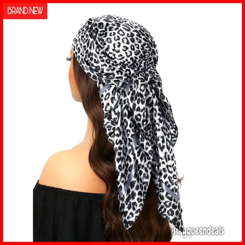 35 Inch Large Silk Satin Head Scarf Wrap Bandana Leopard Print